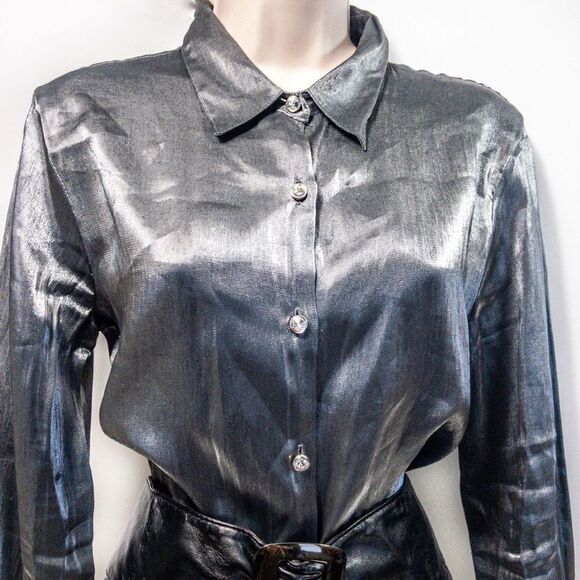 Silver Mercury Button Down Blouse Diamond Buttons Sz L - Picture 2 of 7
